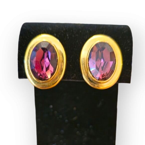 Vintage Purple Oval Rhinestone 80s Style Clip-on Earrings - Picture 1 of 6